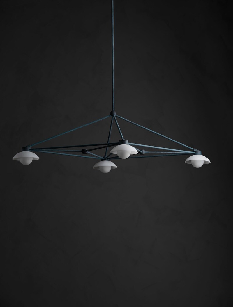 Archipelago 4 Pendant shown in Verdigris, Matte White dome and Matte White globe